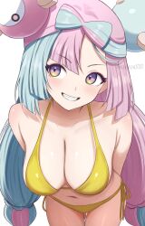 1girl aqua_hair arms_behind_back bikini breasts character_hair_ornament cleavage collarbone creatures_(company) game_freak gold_bikini gradient_eyes grin hair_ornament highres iono_(pokemon) large_breasts leaning_forward long_hair looking_at_viewer low_twintails multicolored_eyes multicolored_hair nintendo pink_hair pokemon pokemon_sv purple_eyes sharp_teeth simple_background smile solo strap_gap surippa1010 swimsuit teeth twintails two-tone_hair very_long_hair white_background yellow_bikini