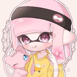 1girl :q black_headband blue_eyes commentary_request food_print gen_1_pokemon grey_background headband inkling inkling_girl inkling_player_character legendary_pokemon long_hair looking_at_viewer mew_(pokemon) mythical_pokemon nintendo one_eye_closed pink_eyes pink_hair pointy_ears pokemon pokemon_(creature) portrait print_shirt sample_watermark sh_f0y shirt simple_background sparkle splatoon_(series) tentacle_hair tongue tongue_out upper_body watermark yellow_shirt