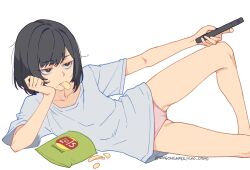 1girl artist_name bag_of_chips black_hair brown_eyes chips_(food) collarbone commentary controller english_commentary food food_in_mouth highres holding holding_remote_control kuso_otoko lying on_side original panties pink_panties remote_control shirt short_hair simple_background solo twitter_username underwear white_background white_shirt