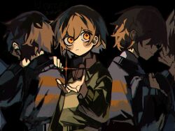 Rule 34 | 2others, blue sweater, blush stickers, brown hair, chara (undertale), closed mouth, covered eyes, double horizontal stripe, frisk (undertale), green sweater, highres, matu (t iyou8), multiple others, other focus, red eyes, short hair, single horizontal stripe, sweatdrop, sweater, undertale