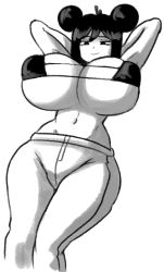 1girl ahoge bare_shoulders bikini black_bikini black_bra black_choker bra breasts choker cleavage dracoarcto freckles friday_night_funkin&#039; greyscale groin hair_bun huge_breasts midriff mob_face momo_(saruky) monochrome navel simple_background sketch smile solid_eyes solid_oval_eyes solo stomach swimsuit tagme underwear white_background
