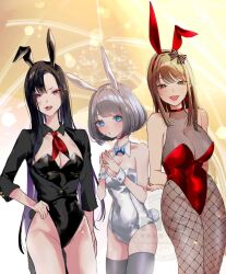 3girls absolute_(nikke) animal_ears asymmetrical_bangs black_hair black_leotard breasts brown_hair detached_collar emma_(nikke) eunhwa_(nikke) fake_animal_ears fake_tail fishnet_pantyhose fishnets goddess_of_victory:_nikke grey_hair hat highleg highleg_leotard large_breasts leotard long_hair multiple_girls open_mouth pantyhose playboy_bunny purple_eyes purple_hair rabbit_ears rabbit_tail short_hair small_breasts standing strapless strapless_leotard tail vesti_(nikke) watermark wrist_cuffs yonaka_(my0nk)