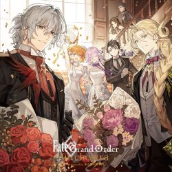 Rule 34 | 3girls, 4boys, ^ ^, ahoge, antonio salieri (fate), antonio salieri (fgo orchestra) (fate), arm up, ascot, back bow, black coat, black gloves, black hair, black necktie, black pants, blonde hair, blush, bouquet, bow, bowtie, braid, brooch, brown hair, buttons, cd (source), closed eyes, closed mouth, coat, collared shirt, confetti, curly hair, double-breasted, dress, eyes visible through hair, fate/grand order, fate (series), flower, footwear bow, fou (fate), fujimaru ritsuka (female), fujimaru ritsuka (female) (fgo orchestra), fujimaru ritsuka (male), fujimaru ritsuka (male) (fgo orchestra), glove bow, gloves, green eyes, grey hair, grey vest, grin, hair between eyes, hair flower, hair intakes, hair ornament, hair over one eye, hair over shoulder, hair slicked back, half updo, hand up, high heels, highres, holding, holding another&#039;s arm, holding bouquet, holding hands, holding smoking pipe, indoors, jewelry, lapels, leonardo da vinci (fate), leonardo da vinci (fate/grand order), leonardo da vinci (fgo orchestra) (fate), leonardo da vinci (rider) (fate), long hair, long sleeves, looking at viewer, mash kyrielight, mash kyrielight (fgo orchestra), medium hair, multiple boys, multiple girls, neck ribbon, necktie, notched lapels, official art, one side up, open clothes, open coat, open mouth, orange eyes, orange flower, orange hair, pants, parted bangs, purple bow, purple flower, purple hair, purple ribbon, purple rose, railing, red ascot, red eyes, red flower, red rose, ribbon, rose, sherlock holmes (fate), sherlock holmes (fgo orchestra) (fate), shirt, shoes, short hair, single braid, smile, smoking pipe, stairs, starshadowmagician, strapless, strapless dress, third-party source, tie clip, very long hair, vest, white bow, white dress, white flower, white gloves, white rose, white shirt, white shoes, window, wing collar, wolfgang amadeus mozart (fate), wolfgang amadeus mozart (fgo orchestra) (fate)