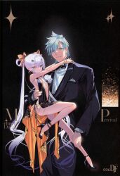 Rule 34 | 1boy, 1girl, absurdres, bare shoulders, bb (fate), bb dubai (fate), bb dubai (fate) (cosplay), belly chain, black dress, black suit, bow, bowtie, breasts, center opening, chain, choco (chocolate shop), collared shirt, cosplay, dress, fate/grand order, fate (series), forked eyebrows, formal clothes, gold chain, grey eyes, grey hair, hair ribbon, hair rings, high heels, highres, jewelry, legs, long hair, long sleeves, looking at viewer, melusine (fate), necklace, percival (fate), ribbon, scan, shirt, short hair, side slit, sidelocks, size difference, small breasts, smile, suit, twintails, very long hair, white hair, white shirt, yellow eyes, yellow ribbon