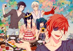 Rule 34 | 1girl, 4boys, absurdres, alcohol, allen walker, alma karma, arm on another&#039;s shoulder, autumn leaves, bare arms, bare shoulders, beer, belt, birthday, birthday cake, blue choker, blue eyes, blue nails, blue sky, blush, body markings, branch, breast pocket, breasts, brown belt, bunny ears prank, burger, bush, cake, camera, candle, choker, cleavage, closed eyes, collarbone, collared shirt, colored extremities, crown, cupcake, d.gray-man, donut, dress, eclair (food), elbows on table, eyepatch, facial mark, facing another, facing viewer, fish (food), food, fork, frown, fruit, glass, glasses, gold crown, green eyes, green hair, green leaf, grey pants, grey shirt, grin, hair between eyes, hair over shoulder, hand up, happy birthday, heart, high ponytail, highres, holding, holding camera, ice cream, ice cream sandwich, juice, kanda yuu, knife, lavi, leaf, lemonade, lenalee lee, long hair, looking at another, looking at viewer, macaron, messy hair, multiple boys, one eye covered, open mouth, orange hair, orange juice, orange leaf, pants, photo (object), pink shirt, plate, pocket, ponytail, purple dress, purple eyes, purple hair, purple shirt, red leaf, rocheng, sashimi, scar, scar across eye, scar on face, scar on nose, shirt, short hair, short sleeves, shrimp, shrimp tempura, sidelocks, sky, sleeveless, sleeveless dress, sleeveless shirt, small breasts, smile, sparkle, spiked hair, star (symbol), star facial mark, steak, strawberry, striped clothes, striped shirt, table, tempura, tree, two side up, v, vertical-striped clothes, vertical-striped shirt, white hair, white shirt, yellow leaf