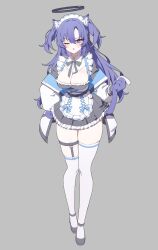 Rule 34 | 1girl, alternate costume, animal ears, animal hands, asymmetrical legwear, black dress, black shoes, blue archive, blush, breasts, cat ears, cat tail, cleavage, dress, enmaided, gloves, grey background, hair between eyes, halo, highres, jacket, kemonomimi mode, large breasts, long hair, long sleeves, looking at viewer, maid, open clothes, open jacket, parted lips, paw gloves, purple eyes, purple hair, shoes, simple background, solo, sweat, tail, taiyaki12, thigh strap, thighhighs, two side up, uneven legwear, unfinished, white jacket, white thighhighs, yuuka (blue archive)