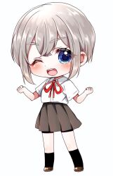 1girl :d alternate_eye_color bike_shorts_under_skirt black_shorts black_skirt black_socks blonde_hair blue_eyes blush brown_shoes chibi chibi_only clenched_hands collared_shirt crossed_bangs full_body hair_between_eyes hands_up highres kimi_no_koto_ga_dai_dai_dai_dai_daisuki_na_100-nin_no_kanojo kneehighs looking_at_viewer miniskirt neck_ribbon one_eye_closed open_mouth pleated_skirt red_ribbon ribbon shirt shoes short_hair short_hair_with_long_locks short_sleeves shorts simple_background skirt smile socks solo standing sutou_iku teeth thick_eyebrows upper_teeth_only v-shaped_eyebrows white_background white_shirt yumenobetsu