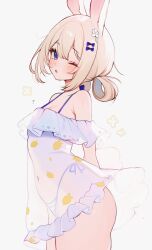Rule 34 | 1girl, absurdres, animal ears, armpit crease, bikini, blonde hair, blue bikini, blue eyes, bow, center-flap bangs, chestnut mouth, commentary, covered navel, cowboy shot, english commentary, flower, from side, hair bow, hair flower, hair ornament, hair rings, highres, indie virtual youtuber, koahri, light blush, medium hair, one eye closed, rabbit ears, rabbit girl, see-through clothes, side-tie bikini bottom, sidelocks, simple background, solo, striped bikini, striped clothes, swimsuit, swimsuit cover-up, virtual youtuber, white background, yenko (vtuber)