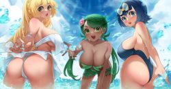 3girls alternate_breast_size bikini breasts creatures_(company) game_freak huge_breasts image_sample lana_(pokemon) large_breasts lillie_(pokemon) mallow_(pokemon) multiple_girls nintendo pokemon pokemon_(anime) pokemon_sm_(anime) sumisumii swimsuit twitter_sample underboob