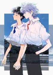 2boys absurdres black_pants blue_shirt breast_pocket brown_hair chinese_commentary closed_eyes closed_mouth collared_shirt commentary_request feet_out_of_frame grey_hair hand_in_pocket highres holding_hands ikari_shinji interlocked_fingers looking_ahead male_focus multiple_boys nagisa_kaworu neon_genesis_evangelion open_collar orange_shirt pants photo_background pocket shirt shirt_tucked_in short_hair smile standing t-shirt white_shirt wing_collar wuluan_(sasishuibulabo) yaoi