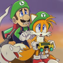 blonde_hair blue_eyes blue_overalls brown_hair child collar crossover facial_hair fox ghost ghost_dog gloves gooigi green_hat green_shirt hat luigi luigi&#039;s_mansion luigi&#039;s_mansion_3 mario_(series) miles_electric mustache nervous nintendo overalls pepamintopatty_(artist) poltergust_g-00 polterpup scared sega shirt shoes shota socks sonic_(series) sonic_unleashed stuffed_animal stuffed_toy tails_(sonic) tails_doll tongue toy yellow_fur