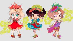 3girls animification blue_eyes brown_hair clarice_(disney) daisy_duck disneyland dress eyelashes flower full_body hair_flower hair_ornament highres humanization looking_at_viewer mickey_mouse_&amp;_friends minnie_mouse moov_(mb_52) multiple_girls open_mouth personification short_hair smile