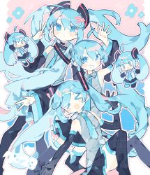 Rule 34 | &gt; &lt;, 5girls, :d, black skirt, black sleeves, black thighhighs, blue eyes, blue hair, blue nails, blue necktie, blush, blush stickers, chibi, collared shirt, detached sleeves, floating, floating hair, food-themed hair ornament, grey shirt, grin, hair between eyes, hair ornament, hatsune miku, hatsushiro mamimu, highres, long hair, long sleeves, looking at viewer, multiple girls, multiple persona, nail polish, necktie, open mouth, pink background, pleated skirt, polka dot, polka dot background, shirt, sidelocks, skirt, sleeveless, sleeveless shirt, smile, spring onion, spring onion hair ornament, swept bangs, teeth, thighhighs, twintails, very long hair, vocaloid, w, zettai ryouiki