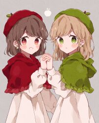 2girls absurdres apple_print beret blonde_hair blush_stickers bright_pupils brown_hair capelet color_coordination cowboy_shot dress earrings flower_earrings food_print fruit_print green_capelet green_eyes green_hat grey_background grin hat highres holding_hands hood hooded_capelet ibispaint_(medium) interlocked_fingers jewelry long_sleeves looking_at_viewer medium_hair multiple_girls napo_(napo_illust) original parted_lips red_capelet red_eyes red_hat simple_background smile standing swept_bangs symmetry white_dress white_pupils