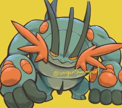 artist_name blue_skin colored_skin game_freak gen_3_pokemon highres mega_pokemon mega_swampert muscular nintendo no_humans open_mouth pokemon pokemon_(creature) serious sharp_teeth solo swampert teeth veganswampert yellow_background