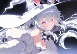 1girl absurdres animal_ear_fluff animal_ears bare_shoulders blush bow bowtie breasts cleavage closed_mouth commentary_request cross-laced_clothes cross-laced_leotard detached_sleeves ears_through_headwear hair_between_eyes hat highres large_hat leotard long_hair looking_at_viewer night night_sky original playboy_bunny rabbit_ears rabbit_girl red_eyes savi_(byakushimc) sidelocks sky small_breasts solo star_(sky) strapless strapless_leotard thick_eyebrows thick_eyelashes twintails upper_body white_hair white_hat white_leotard white_sleeves witch_hat