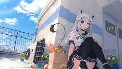 1girl ahoge ardenlolo black_choker black_sailor_collar black_skirt black_thighhighs blue_sky blush bread breasts can choker cloud convenient_leg crop_top cup_ramen demon_girl demon_horns demon_tail drink_can ear_piercing earrings food food_in_mouth grey_eyes grey_hair hair_ornament hairpin hand_on_own_knee highres horns indie_virtual_youtuber jewelry looking_at_viewer medium_breasts midriff miniskirt on_roof pepe_the_frog piercing pleated_skirt pocky pocky_in_mouth pointy_ears rooftop sailor_collar school_uniform serafuku shirt shoes single_earring skirt sky smile soda_can tail thighhighs thighs vei_(vtuber) vei_(vtuber)_(11th_costume) virtual_youtuber white_footwear white_serafuku white_shirt