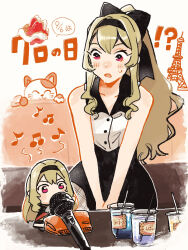 !? 1girl alternate_costume alternate_hairstyle beamed_eighth_notes black_bow blush blush_stickers border bow brown_hair cat character_doll chibigurumi collarbone collared_jacket commentary_request cowboy_shot cup disposable_cup doodle_inset double-parted_bangs drinking_straw eiffel_tower eighth_note fading_border hair_bow hairband high_ponytail highres jacket karaoke looking_at_object looking_down maruhi31 musical_note nose_blush outline ponytail red_eyes red_jacket saijou_claudine shoujo_kageki_revue_starlight sleeveless sleeveless_jacket surprised table translation_request unworn_jacket v_arms wavy_hair white_background white_border white_jacket white_outline