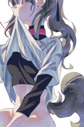Rule 34 | 1girl, black shirt, bottomless, breasts, brown hair, chinese commentary, clothes in mouth, collar, commentary request, commission, dog girl, dog tail, earrings, highres, jewelry, kemonomimi mode, lanserongjie, long hair, medium breasts, mouth hold, ponytail, second-party source, sendai hazuki, shirt, shirt in mouth, shuuniichido classmate wo kau hanashi, simple background, sitting, solo, stud earrings, tail, undershirt, white background, white shirt