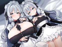 2girls black_dress blue_eyes blurry blurry_background blush breasts cleavage closed_mouth collared_dress dress grey_hair hair_between_eyes hair_ribbon highres huge_breasts j_young long_hair looking_at_viewer lying maid maid_headdress multiple_girls on_back on_bed original ribbon sidelocks smile two-tone_dress very_long_hair white_dress