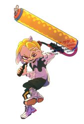 1boy 39_uxue black_leggings black_shorts blonde_hair commentary_request full_body highres holding holding_weapon inkling inkling_boy inkling_player_character leggings leggings_under_shorts male_focus medium_hair nintendo open_mouth pink_eyes shoes shorts simple_background smile solo splat_roller_(splatoon) splatoon_(series) splatoon_3 tentacle_hair watermark weapon white_background white_shoes