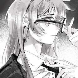 2girls bang_dream! bang_dream!_it&#039;s_mygo!!!!! chihaya_anon chinese_commentary collared_shirt commentary_request commission glasses greyscale highres jacket lanserongjie long_hair monochrome multiple_girls nagasaki_soyo necktie open_collar parted_lips second-party_source shirt sweatdrop