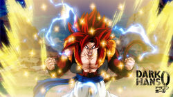 Rule 34 | 1boy, abs, blue eyes, blue sash, body fur, darkhans0, dragon ball, dragon ball gt, gogeta, highres, long hair, male focus, metamoran vest, monkey boy, monkey tail, muscular, muscular male, pants, pectorals, red fur, red hair, saiyan, sash, solo, spiked hair, super saiyan, super saiyan 4, tail, white pants