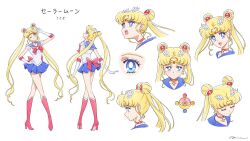 1girl back_bow bishoujo_senshi_sailor_moon bishoujo_senshi_sailor_moon_(first_season) blonde_hair blue_eyes blue_sailor_collar blue_skirt boots bow bowtie reference_sheet choker circlet close-up closed_eyes commentary crescent crescent_earrings double_bun earrings english_commentary full_body hair_bun hand_on_own_hip high_heel_boots high_heels highres jewelry knee_boots long_hair looking_at_viewer looking_to_the_side miniskirt multiple_views open_mouth pleated_skirt profile red_bow red_bowtie red_choker red_footwear sailor_collar sailor_moon sailor_senshi sailor_senshi_uniform sidney_deng simple_background skirt standing star_(symbol) star_earrings teeth tsukino_usagi twintails upper_body upper_teeth_only v white_background