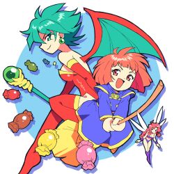 3girls blue_dress bob_cut boots broom broom_riding candy cotton_(character) cotton_(game) demon_wings dress fairy fairy_wings food highres long_sleeves multiple_girls open_mouth red_hair red_thighhighs silk_(cotton) spdcooler thighhighs wings witch wool_(cotton) wrapped_candy