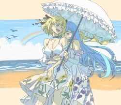 2girls anisphia_wynn_palettia anjuro_zeeku bare_shoulders beach black_ribbon blonde_hair blue_hair blue_sky blush breasts closed_mouth cloud commentary day dress euphyllia_magenta green_eyes hair_ribbon highres holding holding_umbrella hug hug_from_behind kissing_shoulder medium_breasts multiple_girls ocean one_eye_closed open_mouth outdoors parasol purple_eyes rainbow ribbon sky smile symbol-only_commentary tensei_oujo_to_tensai_reijou_no_mahou_kakumei umbrella water white_dress yellow_ribbon yuri