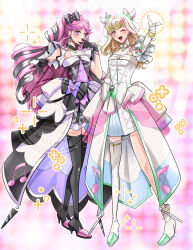 2girls a_hinakou bare_arms bare_shoulders black_choker black_gloves black_hair black_socks blonde_hair blowing_kiss blunt_bangs boots braid breasts bubble_skirt choker covering_own_mouth cure_kiss cure_zukyuun curled_up curly_hair dress earrings elbow_gloves finger_gun fortissimo frilled_dress frilled_ribbon frills full_body gingham_dress gloves green_hair hair_extensions hair_ornament hair_ribbon hair_tie hair_wings half_gloves heart-shaped_lock high_heels jewelry kimi_to_idol_precure knee_boots kneehighs long_hair looking_at_viewer mature_female meroron_(human_form) multiple_earrings multiple_girls musical_note musical_note_hair_ornament one_eye_closed open_mouth parted_bangs pearl_earrings pink_hair precure puffy_short_sleeves puffy_sleeves purirun_(human_form) purple_dress ribbon ribbon_choker short_sleeves single_bare_shoulder single_kneehigh single_sock skirt sleeveless sleeveless_dress socks stage stage_lights twin_braids twintails very_long_hair watermark white_dress white_gloves wing_hair_ornament