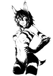 1girl animal_ears black_hair breasts chapter_170_monster_girl_(one-punch_man) claws covered_erect_nipples fangs furry goat_legs highres hooves monochrome monster_girl neck_bell no_nose one-punch_man red_eyes single_fang tail