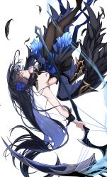 Rule 34 | 1girl, absurdres, black dress, black hair, breasts, brown thighhighs, dress, feathers, highres, holding, holding scythe, holding weapon, honkai (series), honkai impact 3rd, kamishiro noa, scythe, seele vollerei, solo, thighhighs, upside-down, weapon, white background