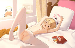 ._. 2girls :d absurdres animal_ear_headphones animal_ears anus arm_behind_back armpits arms_up ass bag_of_chips bed bedroom blonde_hair blue_archive blush cat_ear_headphones cat_ears chinese_commentary chips_(food) clitoral_hood clitoris closed_eyes collarbone crotch_seam curled_fingers curtains dot_nose fake_animal_ears feet flat_chest food food_on_face foot_out_of_frame foot_up green_eyes green_halo halo head_on_pillow head_tilt headphones highres indoors knee_up legs loli looking_at_viewer lying maid_headdress marshal_(artist) medium_hair midori_(blue_archive) midori_(maid)_(blue_archive) momoi_(blue_archive) momoi_(maid)_(blue_archive) multiple_girls navel nipples no_shoes no_tail on_back on_bed open_mouth paid_reward_available pantyhose peeking_out pillow pink_halo potato_chips print_curtains pussy see-through_clothes see-through_legwear shadow sidelocks sleeping smile solo_focus spread_legs stomach thighband_pantyhose toes topless_female torn_clothes torn_pantyhose uncensored variant_set white_headdress white_pantyhose window
