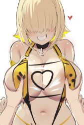 1boy 1girl ahoge blonde_hair blush breasts elegg_(boom_and_shock)_(nikke) elegg_(nikke) goddess_of_victory:_nikke grabbing_another&#039;s_breast grin groping hair_over_eyes heart highres large_breasts long_bangs multicolored_hair navel pov shiny_skin short_hair simple_background sketch slingshot_swimsuit smile solo_focus swimsuit teeth two-tone_hair uzzy2801 white_background yellow_slingshot_swimsuit