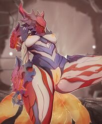 1girl absurdres artist_name blurry blurry_background breasts breasts_out claws colored_skin energy_tail fangs female_focus heart highres leg_up looking_at_viewer medium_breasts multiple_tails nipples pussy pussy_cutout searyn severed_head sharp_teeth signature solo tail teeth voruna_(warframe) warframe white_skin