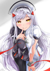 1girl absurdres asymmetrical_legwear bent_over black_lilith black_lilith_(last_origin) black_pantyhose blush breasts deogho_(liujinzy9854) female_focus finger_to_mouth hat highres last_origin looking_at_viewer mismatched_legwear nail_polish pantyhose parted_bangs pleated_skirt silver_hair skirt smile solo thighhighs white_thighhighs yellow_eyes