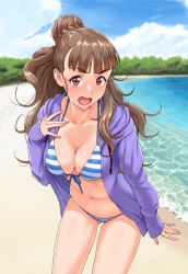 1girl beach bikini bikini_under_clothes blue_sky blunt_bangs blush braid breasts brown_hair cleavage cloud collarbone commentary_request cowboy_shot day embarrassed female_focus front-tie_bikini_top front-tie_top gluteal_fold hair_bun highres idolmaster idolmaster_cinderella_girls jacket kamiya_nao long_hair long_sleeves looking_at_viewer medium_breasts navel nigou open_clothes open_jacket open_mouth outdoors red_eyes side-tie_bikini_bottom single_hair_bun sky sleeves_past_wrists solo standing striped_bikini striped_clothes sweatdrop swimsuit swimsuit_under_clothes thick_eyebrows water