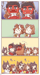 4koma 5girls x_mouth absurdres air_groove_(umamusume) animal_ears apron black_hair blank_eyes blush brown_hair closed_eyes comic commentary_request crossed_arms eating ehoumaki flying_sweatdrops food hair_ornament hairclip highres holding holding_food horse_ears horse_girl horse_tail jacket kappougi long_hair long_sleeves makizushi mamemaki mask mask_on_head mon_momu mouth_hold multicolored_hair multiple_girls narita_brian_(umamusume) oni_mask ponytail red_jacket scared setsubun silent_comic solid_circle_eyes stalk_in_mouth streaked_hair sushi sweat symboli_rudolf_(umamusume) tail tearing_up tokai_teio_(umamusume) track_jacket trembling tsurumaru_tsuyoshi_(umamusume) umamusume