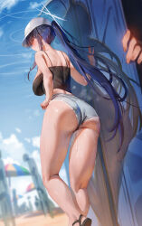 1girl 1other absurdres aftersex ass bare_arms bare_shoulders blue_archive blue_hair blush breasts closed_mouth grey_shorts halo hat highres large_breasts long_hair outdoors ponytail rororo saori_(blue_archive) saori_(swimsuit)_(blue_archive) short_shorts shorts solo_focus standing sweat thighs white_hat