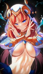 1girl absurdres black_background blue_eyes blush bracer breasts brooch circlet closed_mouth genshin_impact gradient_background hands_up harem_outfit highres horns jewelry kook large_breasts long_hair looking_at_viewer navel neck_ring nilou_(genshin_impact) orange_hair red_hair revealing_clothes smile stomach underboob upper_body vambraces veil water white_headwear x_arms