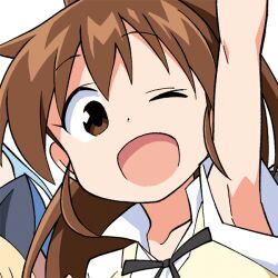 1girl anbe_masahiro arm_up armpits brown_eyes brown_hair cropped one_eye_closed portrait sidelocks solo taneshima_popura working!!