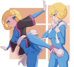 1girl :o arched_bangs blonde_hair blue_bodysuit blue_eyes blush bodysuit breasts cameltoe closed_mouth commentary greta_(pokemon) hands_up highres jacket kai-too leg_up looking_at_viewer multiple_views nintendo open_mouth outstretched_arms pokemon pokemon_emerald pokemon_rse purple_shoes sash shoes short_hair smile sneakers split_mouth towel towel_around_neck