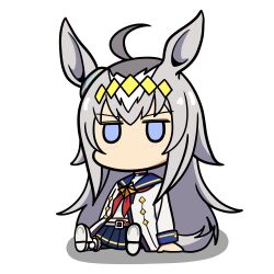 1girl absurdres ahoge animal_ears black_pantyhose blue_eyes blue_skirt boots character_doll chibi doll full_body fur-trimmed_boots fur_trim highres horse_ears horse_girl kiyosuke_(kiyosuke023) long_hair long_sleeves neckerchief oguri_cap_(umamusume) pantyhose pleated_skirt red_neckerchief sailor_collar shirt simple_background skirt solo umamusume white_background white_boots white_hair white_shirt