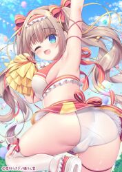 1girl arm_up armpits blonde_hair blue_eyes blush bow breasts cheering cheerleader crop_top cropped_shirt hair_bow hair_ornament hair_ribbon headdress holding holding_pom_poms large_breasts long_hair looking_at_viewer midriff one_eye_closed open_mouth original outdoors panties pom_pom_(cheerleading) pom_poms ribbon shoes sideboob skirt smile solo stomach thighhighs twintails underwear white_panties white_thighhighs yukimura_usagi