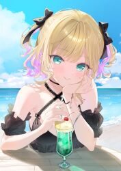 Rule 34 | 1girl, absurdres, bare shoulders, beach, bikini, black bikini, black bow, black choker, black sleeves, blue sky, blush, bow, bracelet, breasts, cherry, choker, closed mouth, cloud, cloudy sky, colored inner hair, commentary, day, detached sleeves, drink, drinking straw, english commentary, fang, fingernails, food, fruit, green eyes, hair bow, highres, ice cream, jewelry, kurumi noah, lemon, lemon slice, looking at viewer, medium hair, multicolored hair, nail polish, ocean, outdoors, pink hair, pink lips, pink nails, sand, shinomiya ino, short sleeves, skin fang, sky, smile, solo, spoon, swimsuit, two-tone hair, two side up, virtual youtuber, vspo!