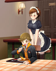 1boy 1girl age_difference alternate_costume amada_ken apron blush breasts brown_eyes brown_hair curry curry_rice eating enmaided food fork frilled_apron frills highres hood hoodie indoors juliet_sleeves knife large_breasts long_sleeves maid maid_apron maid_headdress onee-shota open_mouth persona persona_3 persona_3_portable puffy_short_sleeves puffy_sleeves rice school_uniform shiomi_kotone short_hair short_sleeves shota shrimp shrimp_tempura sitting smile table tempura white_apron yuhito_(vlack1492)
