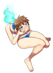 Rule 34 | 1girl, barefoot, bikini, blue bikini, blue eyes, blue fire, blush, breasts, brown hair, demi-chan wa kataritai, disembodied head, dullahan, feet, fire, full-face blush, hair between eyes, large breasts, legs, looking at viewer, lying, machi kyouko, nervous, on back, short hair, simple background, solo, swimsuit, thighs, toes, tsukudani (coke-buta), white background
