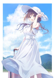 Rule 34 | 1girl, blue eyes, blue sky, blush, breasts, brown hair, cloud, courreges ace, dress, gakuen idolmaster, hair bun, hat, highres, himesaki rinami, idolmaster, large breasts, long hair, looking at viewer, open mouth, outdoors, rolling suitcase, sky, smile, solo, suitcase, sun hat, sundress, white dress