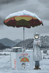 Rule 34 | 1girl, boots, coat, food, food stand, full body, girls und panzer, hat under hood, highres, holding, holding food, holding ice cream, hood, hood up, hooded coat, ice cream, ice cream cone, ice cream stand, looking at viewer, serious, short hair, snow, solo, white coat, youko (girls und panzer)